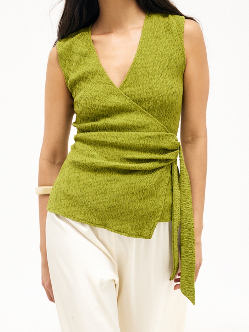 New Textured Chartreuse Wrap Top